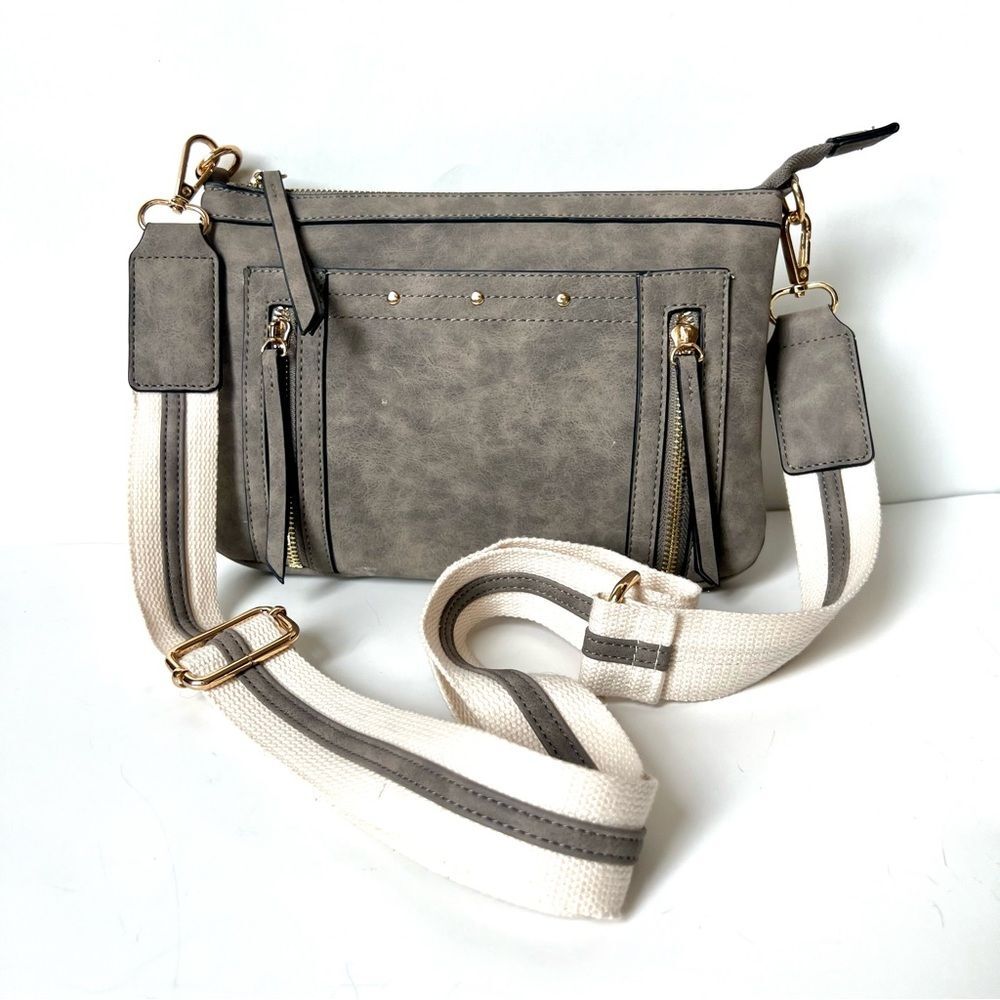 VR Nyc Zip Closure Webbing Strap Whipstitch Greige Crossbody Bag